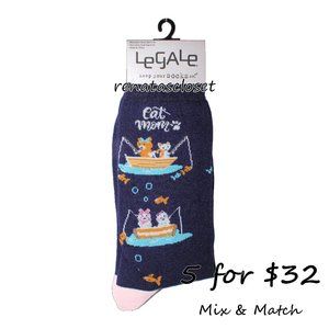LeGale Women's "Cat Mom" Fishing Graphic Print Novelty Crew Socks NWT